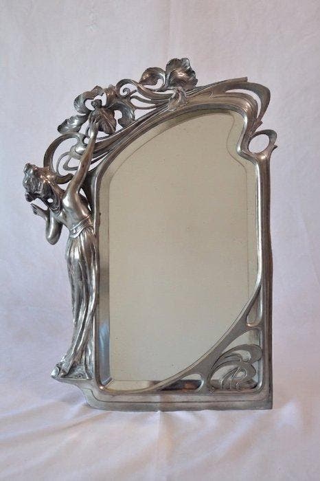 Jugendstil - Spiegel - Pewter - Hoogte: 46 cm, Antiek en Kunst, Kunst | Designobjecten