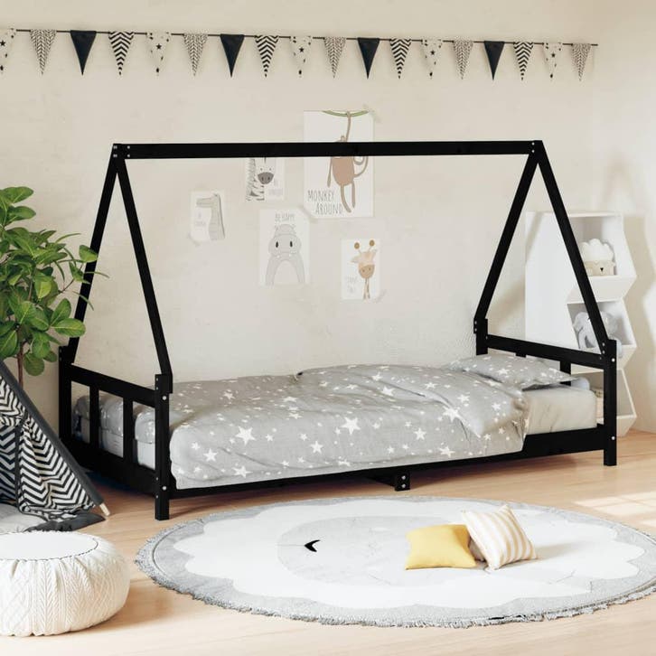 vidaXL Kinderbedframe 90x190 cm massief grenenhout zwart, Kinderen en Baby's, Kinderkamer | Bedden, Nieuw, Verzenden
