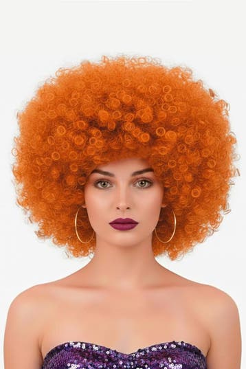 KIMU® Pruik Afro Oranje Koper Disco met Gratis 2x Haarnetje, Ophalen of Verzenden, Nieuw