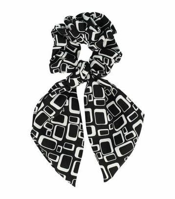 Haarelastiek Scrunchie – Grafische Print – 14cm Linten – Wit, Nieuw