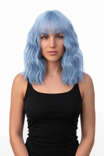 KIMU® Luxe Lichtblauw Pruik Schouderlengte Rechte Pony Krull, Ophalen of Verzenden