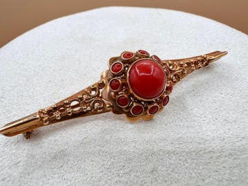 Broche - 14 carats Or jaune - corail rouge antique