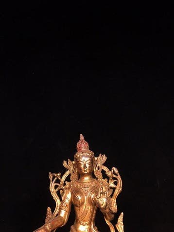 Beeld, Tibetan Buddhist Green Tara Copper Statue - 22 cm -