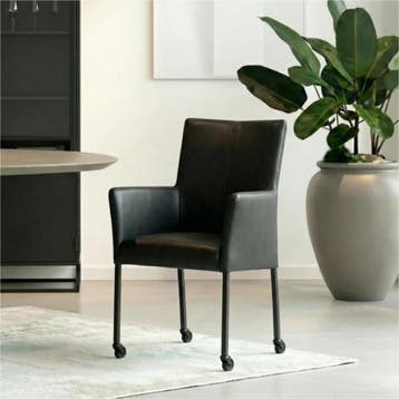 Set van 6 Leren eetkamerstoelen Comfort met wieltjes en, Ophalen of Verzenden, Nieuw, Leer