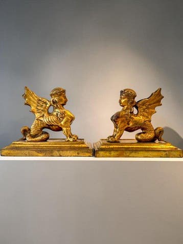 sculptuur, Pair of French Empire Gilt Bronze Winged, Antiek en Kunst