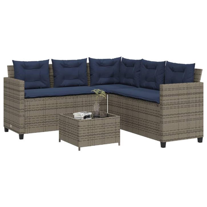 vidaXL Tuinbank met tafel en kussens L-vormig grijs poly, Tuin en Terras, Tuinsets en Loungesets, Nieuw, Verzenden