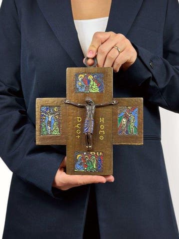 Crucifix - Brons, Emaille, Hout - 1950-1960, Antiquités & Art
