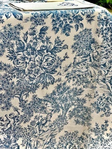 Nappe toile de Jouy bleue et blanche pour grandes tables. -