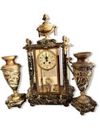 Pendule (3) - Marmer, Brons - 1850-1900 - 3-delige, Antiek en Kunst, Antiek | Klokken