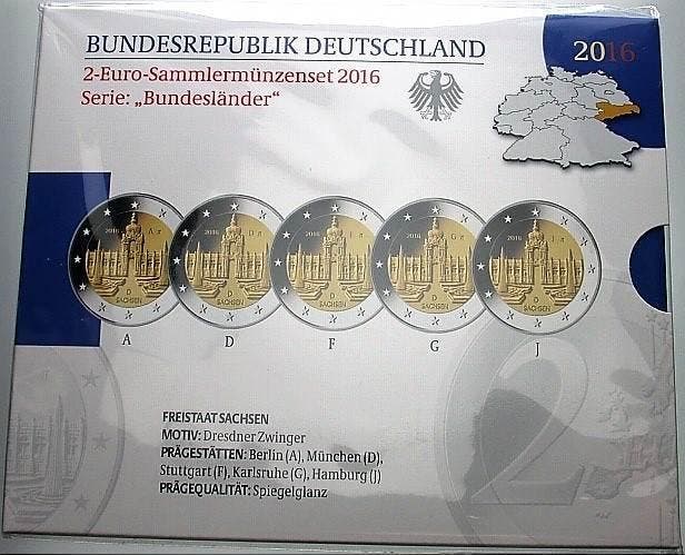 5 x 2 Euro 2016 A,d,f,g,j Duitsland Freistaat Sachsen, Postzegels en Munten, Munten | Europa | Euromunten, België, Verzenden