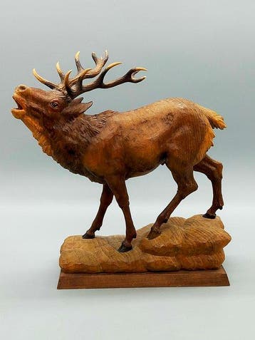 sculptuur, Hirsch-Skulptur Holzgeschnitzt – Handgeschnitzter