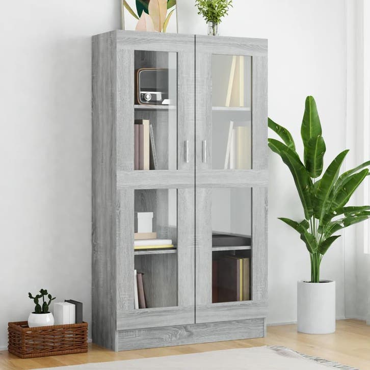 vidaXL Vitrinekast 82,5x30,5x150 cm bewerkt hout grijs, Huis en Inrichting, Kasten | Boekenkasten, Nieuw, Verzenden