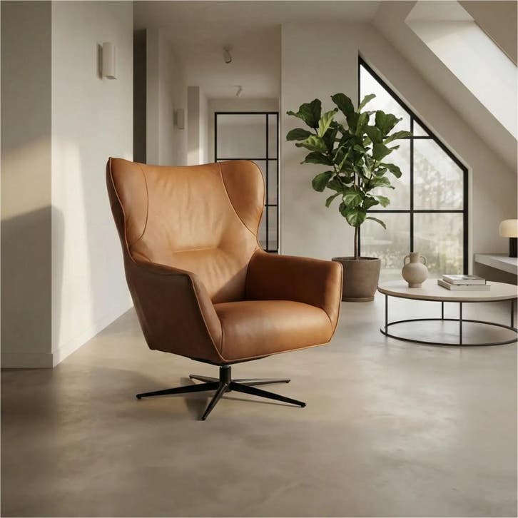 Leren draaifauteuil Leaf, Huis en Inrichting, Fauteuils, 75 tot 100 cm, 75 tot 100 cm, Nieuw, Leer, Ophalen of Verzenden