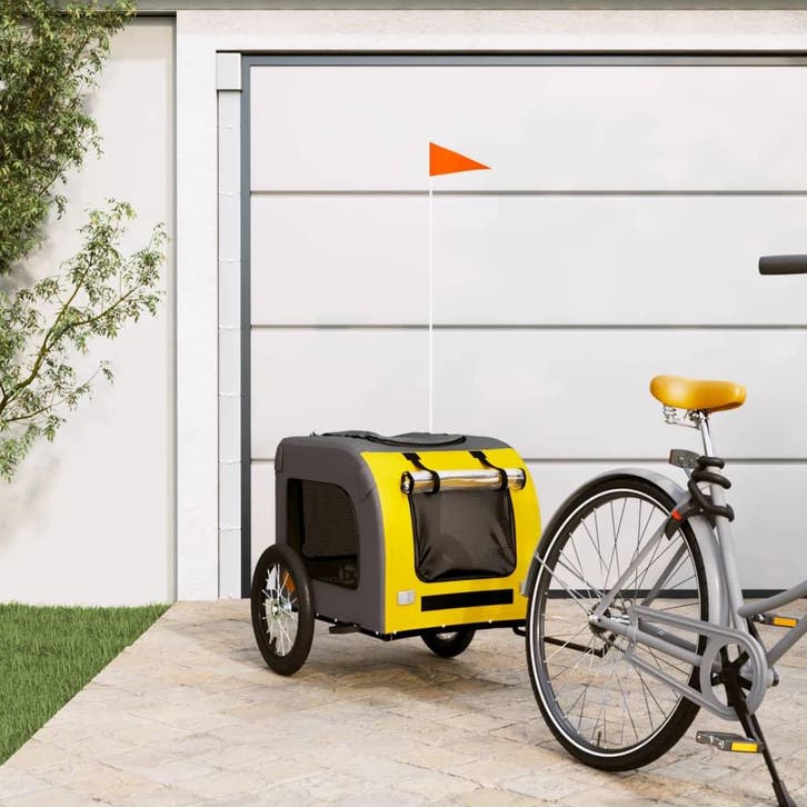 vidaXL Hondenfietstrailer oxford stof en ijzer geel en grijs, Dieren en Toebehoren, Overige Dieren-accessoires, Nieuw, Verzenden