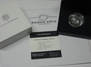 Andorra 5 Euro 2018 zilver Pp 25 Jahre Verfassung nur sel..., Verzenden