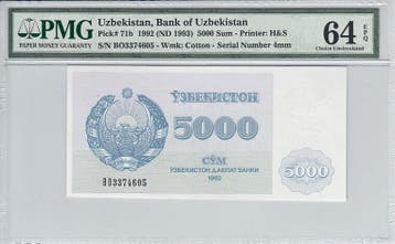 1992 Uzbekistan 5000 Sum Pick 71b Pmg Choice Unc 64 Epq, Verzenden, België