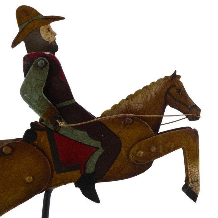 American Folk Art - Blikken speelgoed - Cowboy on Horseback, Antiquités & Art, Antiquités | Jouets