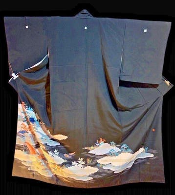 Zijde Kurotomesode Kimono met vijf kamon, Kyoto-landschap en
