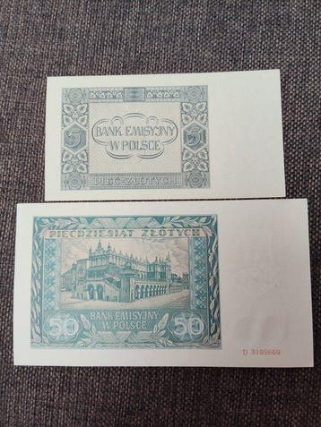 Pologne. - 5 and 50 Zlotych 1941 - Pick 101 and 102 (Sans, Timbres & Monnaies, Billets de banque | Europe | Billets non-euro