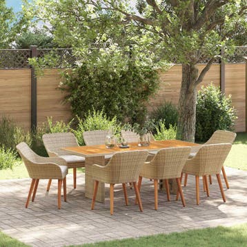 vidaXL Tuin Eettafel Set 9 st Beige poly rattan, Verzenden, Nieuw