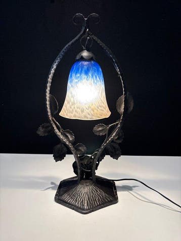 Tafellamp - Smeedijzer, Marmerachtig glas (gemarmerd) blauw