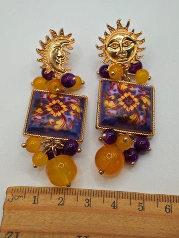 Plaqué or, Boucles doreilles voyantes vintage bohème Soleil