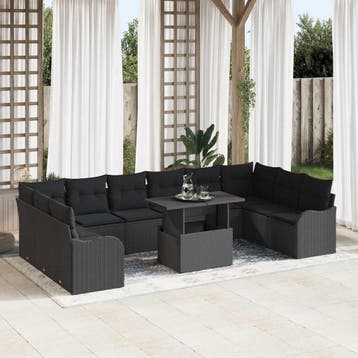 vidaXL Tuinbank Set met kussen 11 pcs Zwart Poly rattan, Verzenden, Nieuw