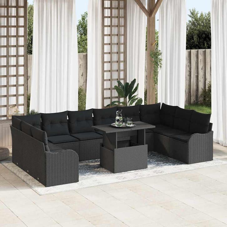 vidaXL Tuinbank Set met kussen 11 pcs Zwart Poly rattan, Tuin en Terras, Tuinsets en Loungesets, Nieuw, Verzenden