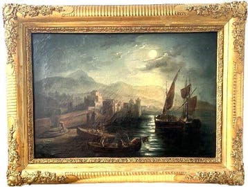 European school (XIX) - Meerküste und Schiffe mit Mondlicht, Antiek en Kunst