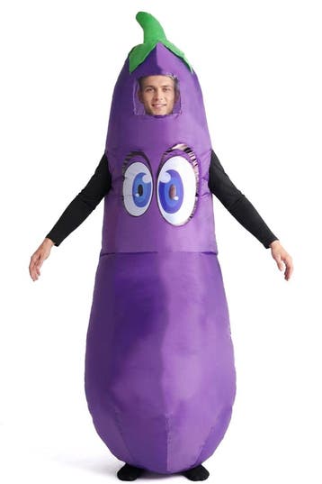 KIMU® Opblaas Kostuum Aubergine Pak Opblaasbaar Pak Aubergin, Ophalen of Verzenden