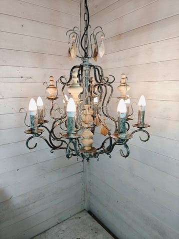 Plafondlamp - Staal, Hout - Groot kroonluchter lamp, Antiek en Kunst