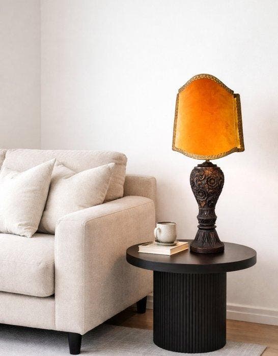 Buffet tafellamp - Hout, Textiel - Grote houten lamp met, Antiquités & Art, Curiosités & Brocante