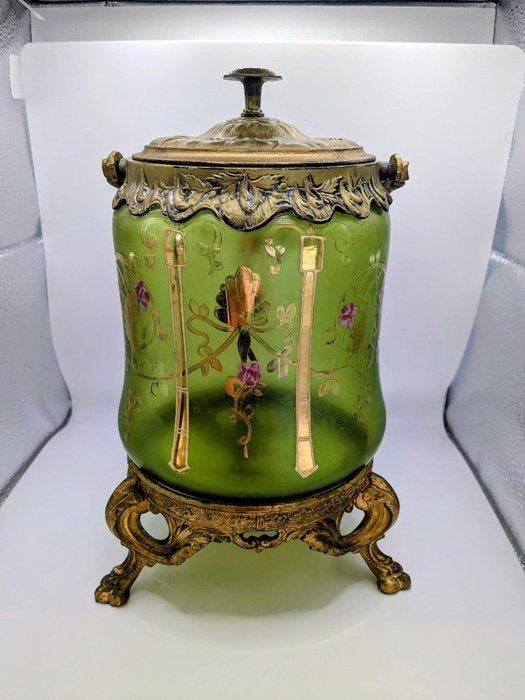 Pot à biscuits - verre, bronze, Antiquités & Art, Antiquités | Verre & Cristal