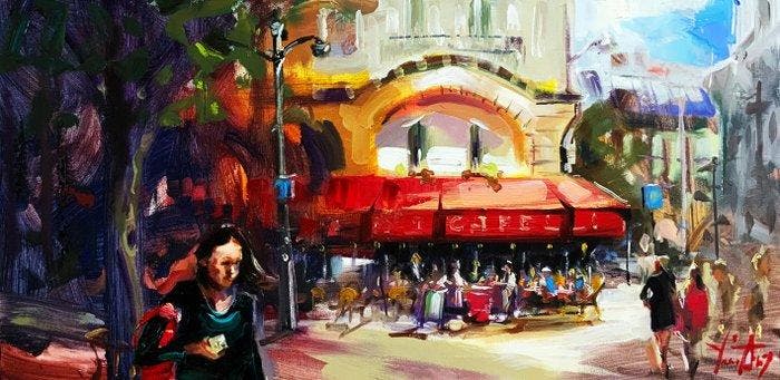 Jurij Frey - Café, Paris, Antiek en Kunst, Kunst | Schilderijen | Modern