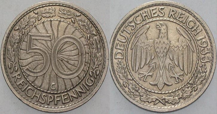 50 Reichspfennig 1933 G Kleinmunten Weimarer Republik Wei..., Postzegels en Munten, Munten | Europa | Niet-Euromunten, België