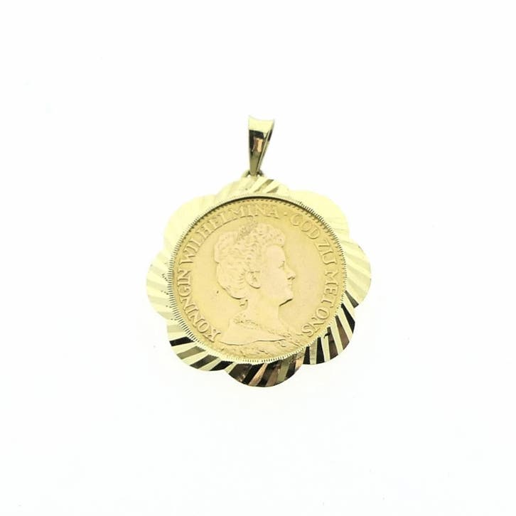 Gouden hanger van 10 gulden munt; Koningin Wilhelmina 1913, Bijoux, Sacs & Beauté, Bracelets à breloques, Enlèvement ou Envoi