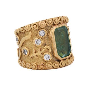 Bague de cocktail - 18 carats Or jaune Émeraude - Diamant