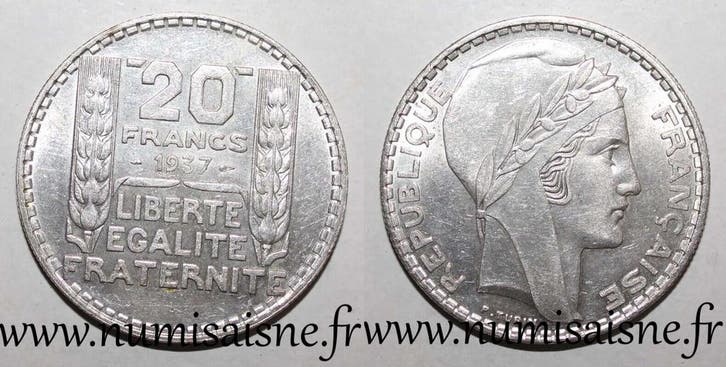 France Frankreich Km 879 20 Francs 1937 Typ Turin, Postzegels en Munten, Munten | Europa | Niet-Euromunten, België, Verzenden