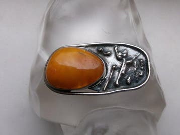 Argent, Butterscotch Amber - Broche - Style Art déco/Bauhaus, Antiquités & Art