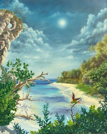 François Joly (1961) - Plage tropicale au perroquet (vendu