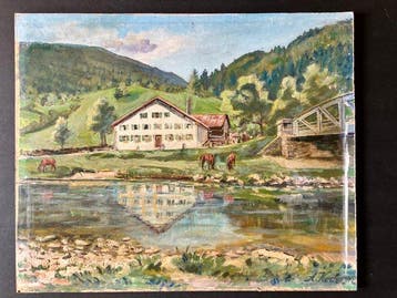 A. Koch (XX) - Idyllischer Alpendorf-Blick mit Pferdetränke