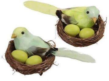 Vogelnestjes met 1 vogel en 2 eitjes pastelgroen 7.5 cm doos