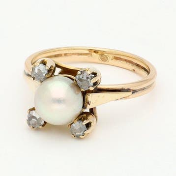 Bague - 14 carats Or jaune Diamant (Naturelle) - Perle