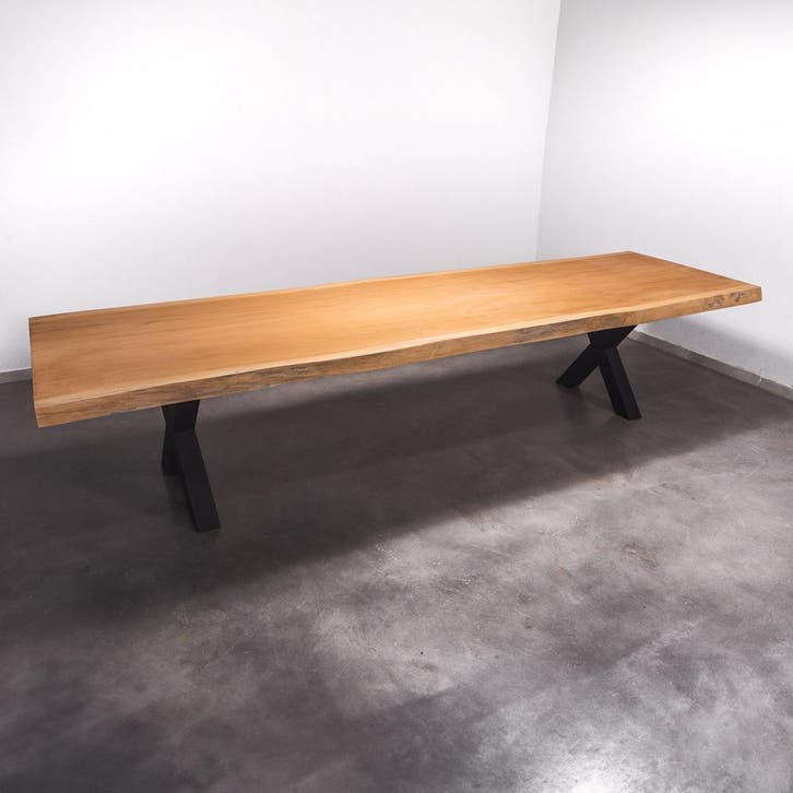 Boomstamtafel, Eettafel 370x115 massief hardhout, metaalpoot, Huis en Inrichting, Tafels | Eettafels, 100 tot 150 cm, 200 cm of meer
