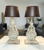 Tafellamp - hoogte - 50 cm - Hout, Leder - Twee lampen in