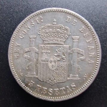 Spanje. Alfonso XIII. 5 Pesetas 1894 PGV (Zonder