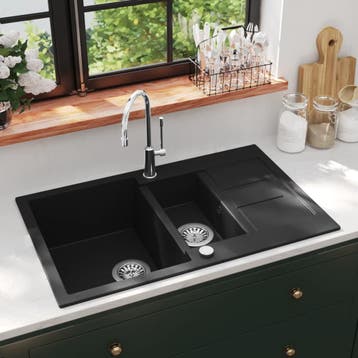 vidaXL Gootsteen dubbele bak graniet zwart, Huis en Inrichting, Keuken | Keukenelementen, Verzenden, Nieuw