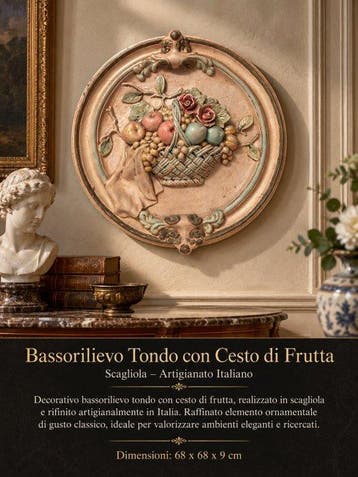 Reliëf, Bassorilievo Tondo con Cesto di Frutta Dipinta - 1, Antiek en Kunst