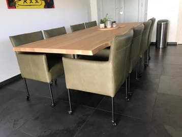 Set van 8 leren kuip eetkamerstoelen - met wieltjes - groen, Ophalen of Verzenden, Nieuw, Eén