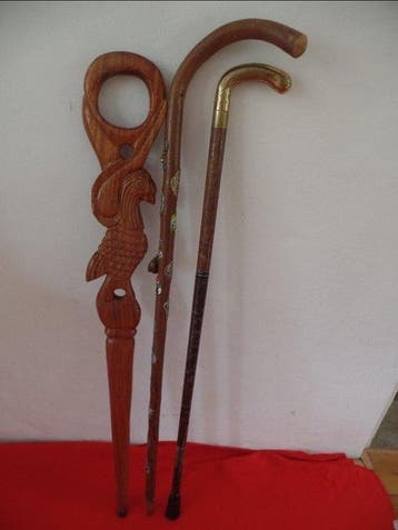 3 Unieke Wandelstokken Canne de marche - Cuivre - Bois -